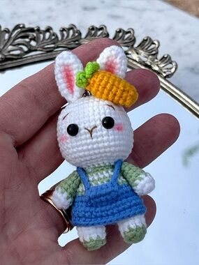 Mini Crochet White Bunny in Blue Dress Key Chain / Purse Charm, Carrot Hair Acc